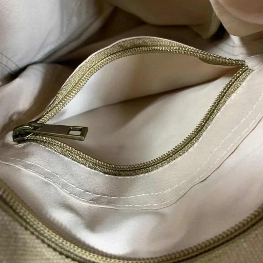 Heavy Khaki Canvas Faux Leather Trim Messenger Satchel Crossbody Bag Pockets EUC
